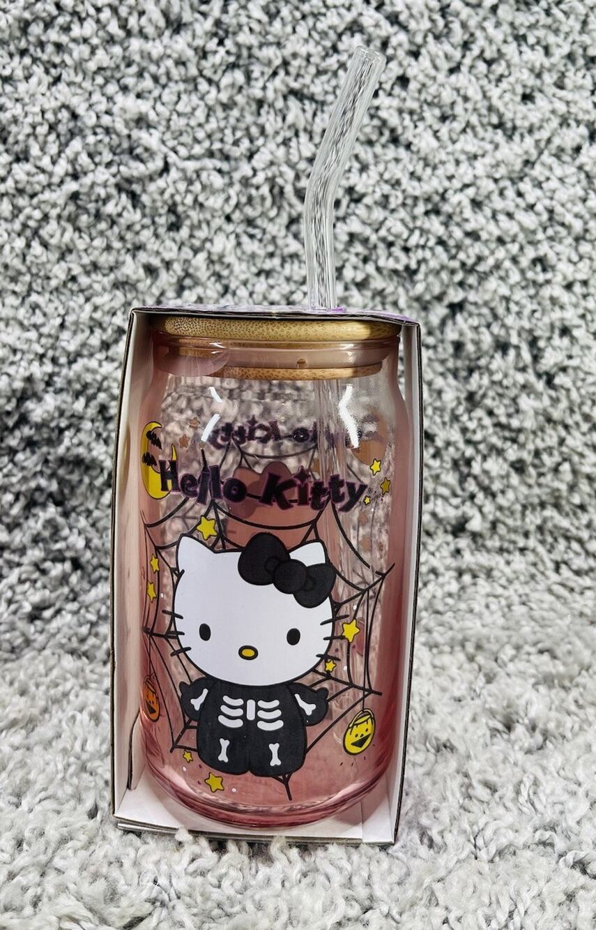 Hello Kitty Glass Tumbler & Straw Halloween Skeleton Bamboo Lid 16 Oz New In Box